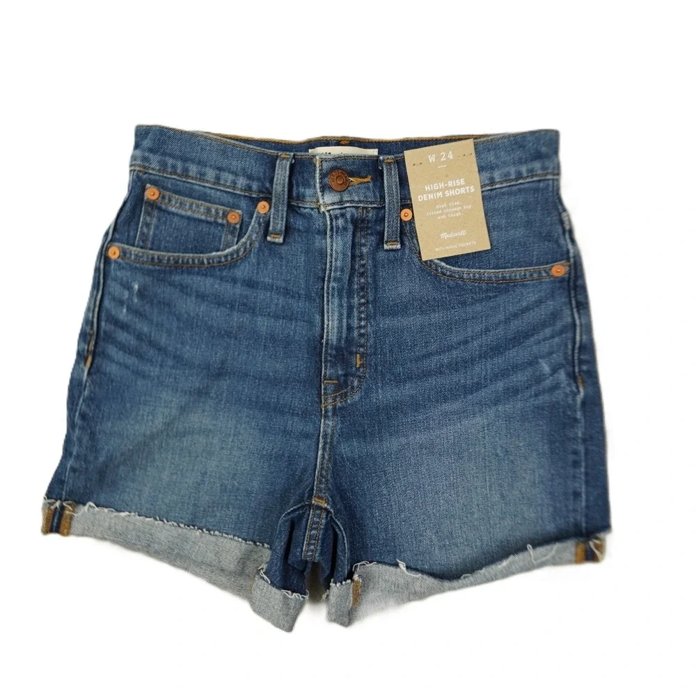 Madewell High Rise Denim Shorts Women's 24 Blue Raw Hem Cuffed Beach Boho‎